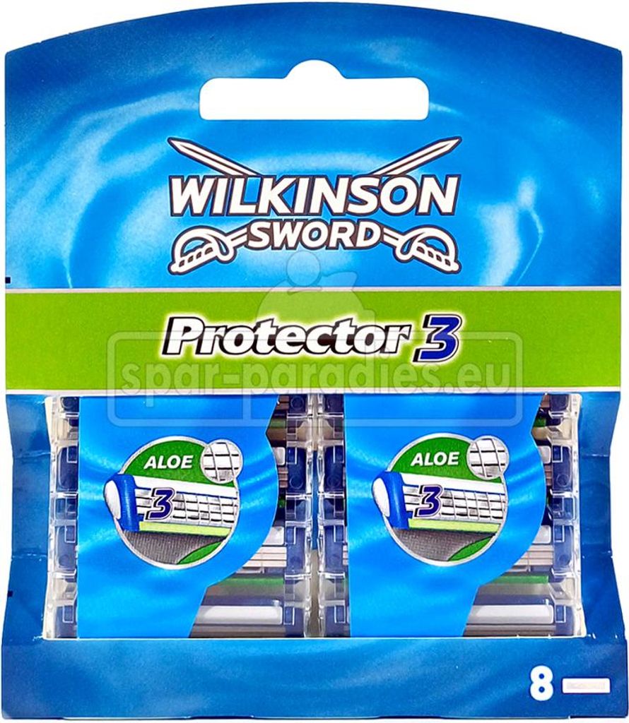 A retail package of Wilkinson Sword Protector 3 razor blades.