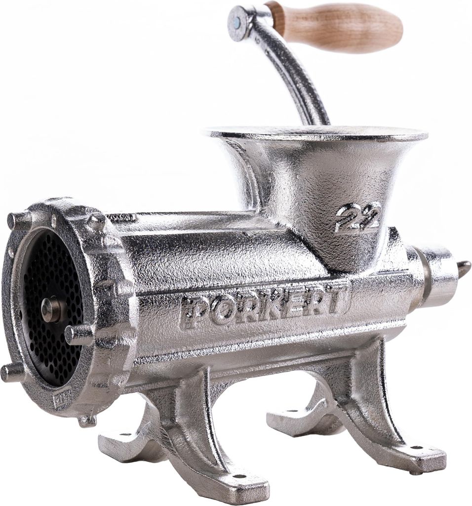 Porkert Profi Fleischwolf manuell Größe 22 aus hochwertigem Gusseisen, mit Messer und Lochscheibe Ø 4,5 mm