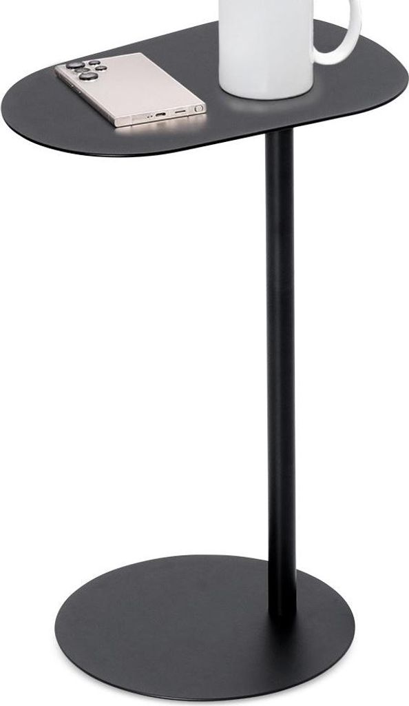 A black metal side table with a smartphone and a mug on top, presented on a white background.