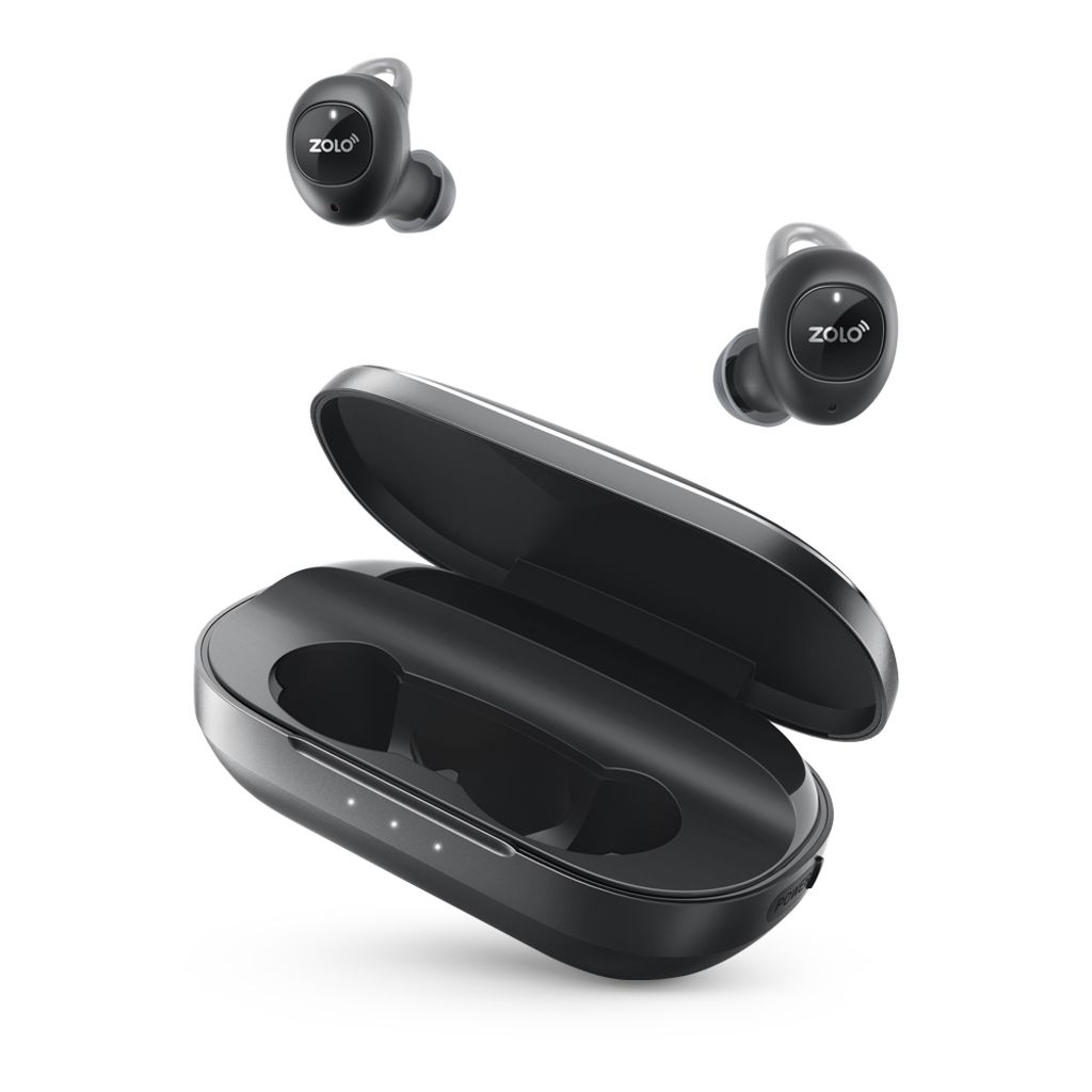 A pair of black wireless earbuds and their charging case are displayed against a white background.