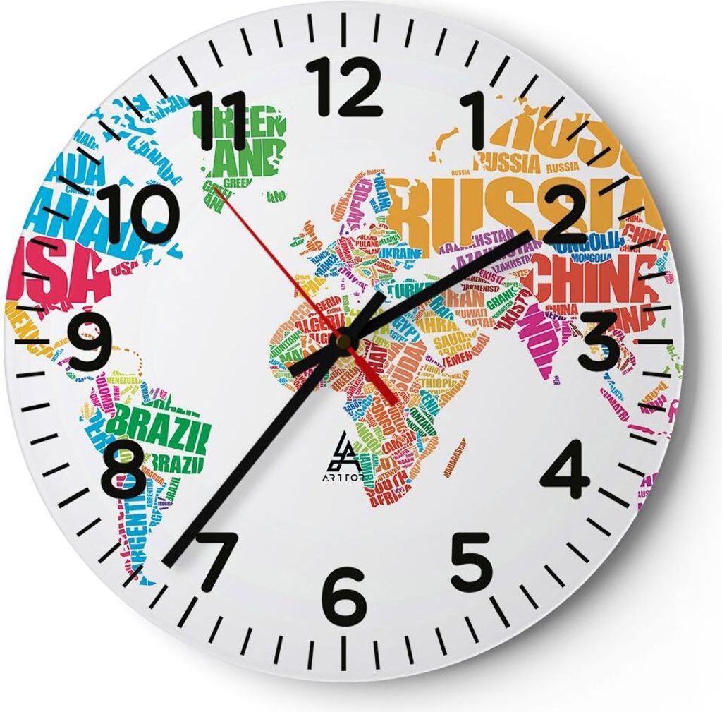 Wanduhr - Rund - Glasuhr - Karte Worte Welt Geographie - 40x40cm - Schleichendes Uhrwerk - Lautlos - zum Aufhängen bereit - Dekoration Modern - Wa...