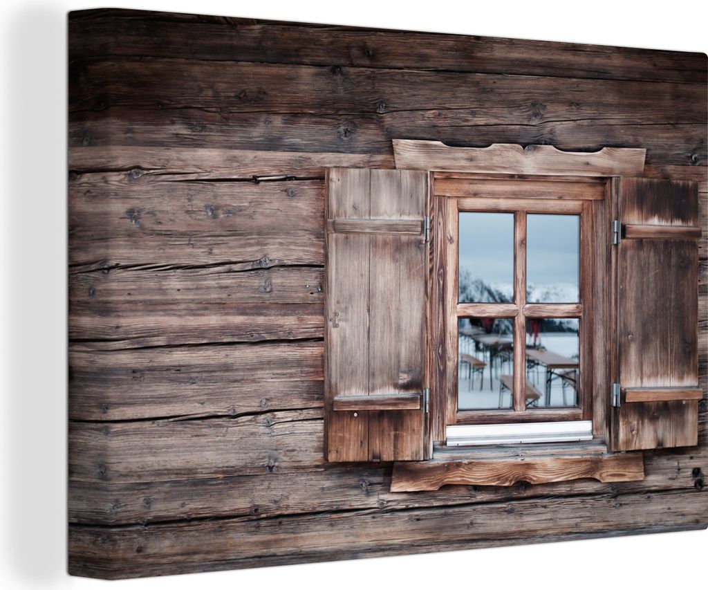 OneMillionCanvasses - Leinwandbilder - 140x90 cm, Eine Blockhütte mit offenem Fenster, Wandbilder Kunstdruck Wanddekoration
