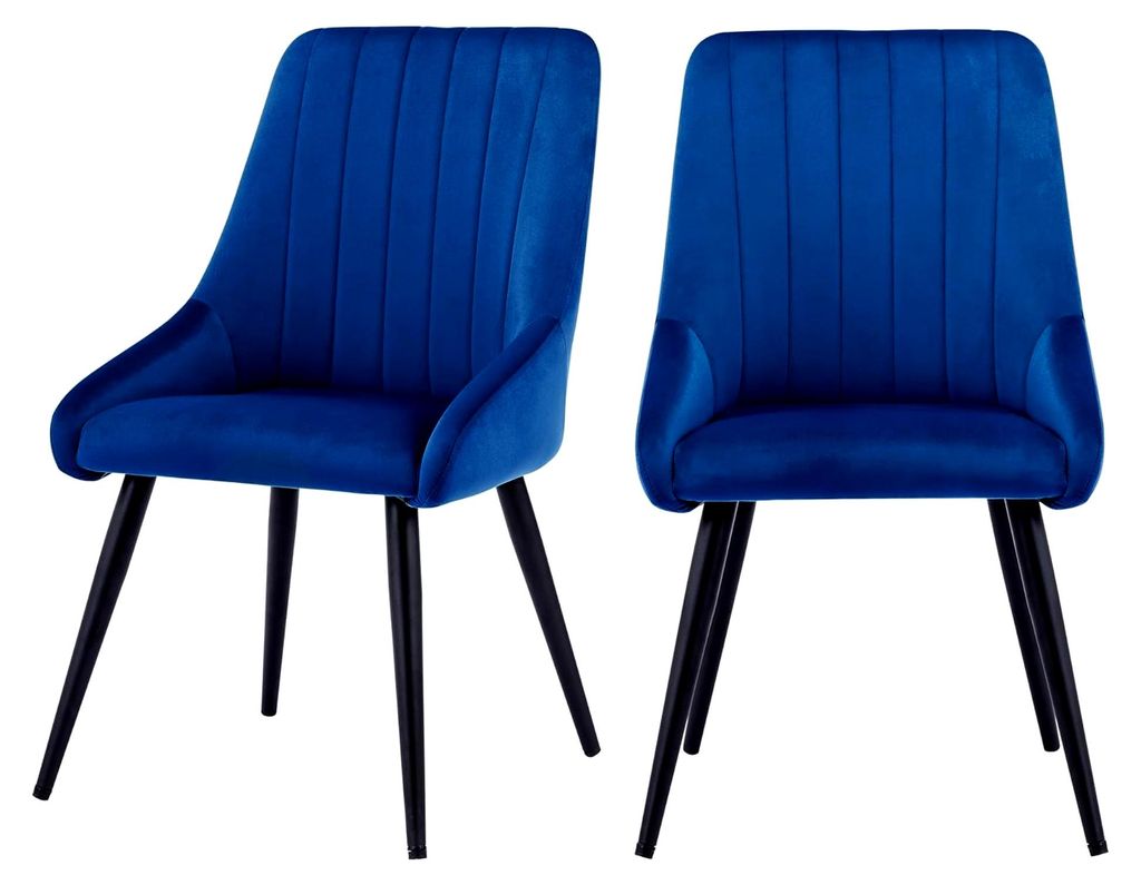 2er Set Esszimmerstuhl aus Samt im Retro Design mit Metallbeinen in Dunkelblau