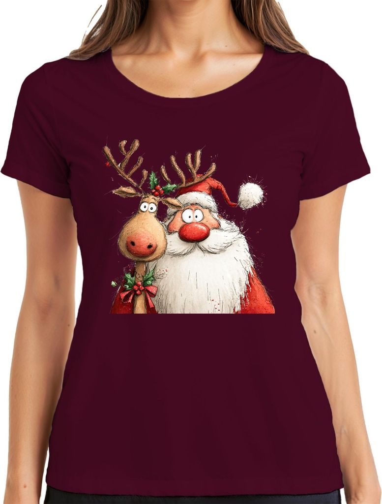 Weihnachtsmann Rentier rote Nase lustig Weihnachten Geschenk Damen T-Shirt, Burgundy, M