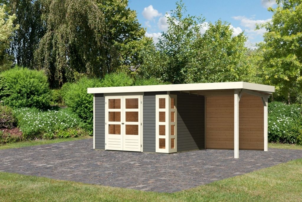 Karibu Gartenhaus Gerätehaus Kerko 5 im Set mit Anbaudach 2,40 m Breite und 19 mm und Rückwand terragrau 522x246x210 cm
