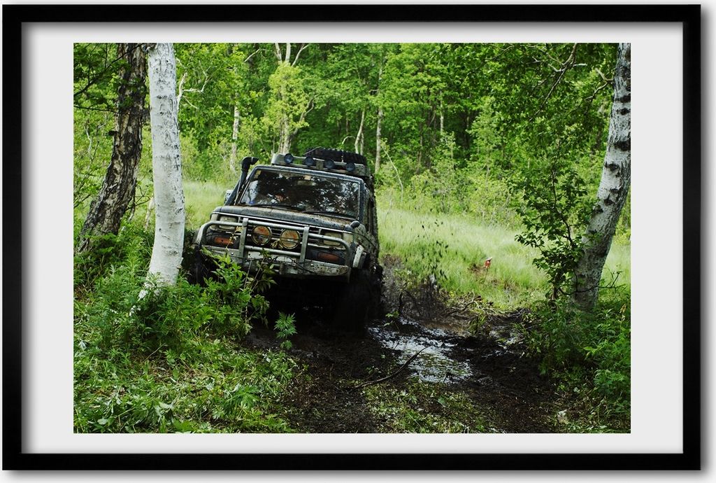 Bild 60x40 MDF-Rahmen, Wandkunst Jeep im Wald