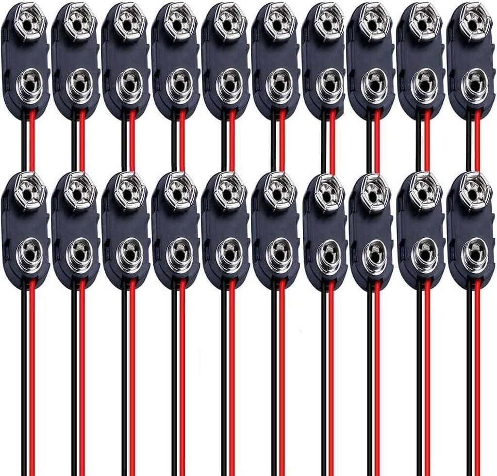 20 Stück 9-V-Batterieklemmenverbinder, T-Typ 9-Volt-Batterieklemmen mit Drähten und Kunststoffgehäuse mit harter Schnalle