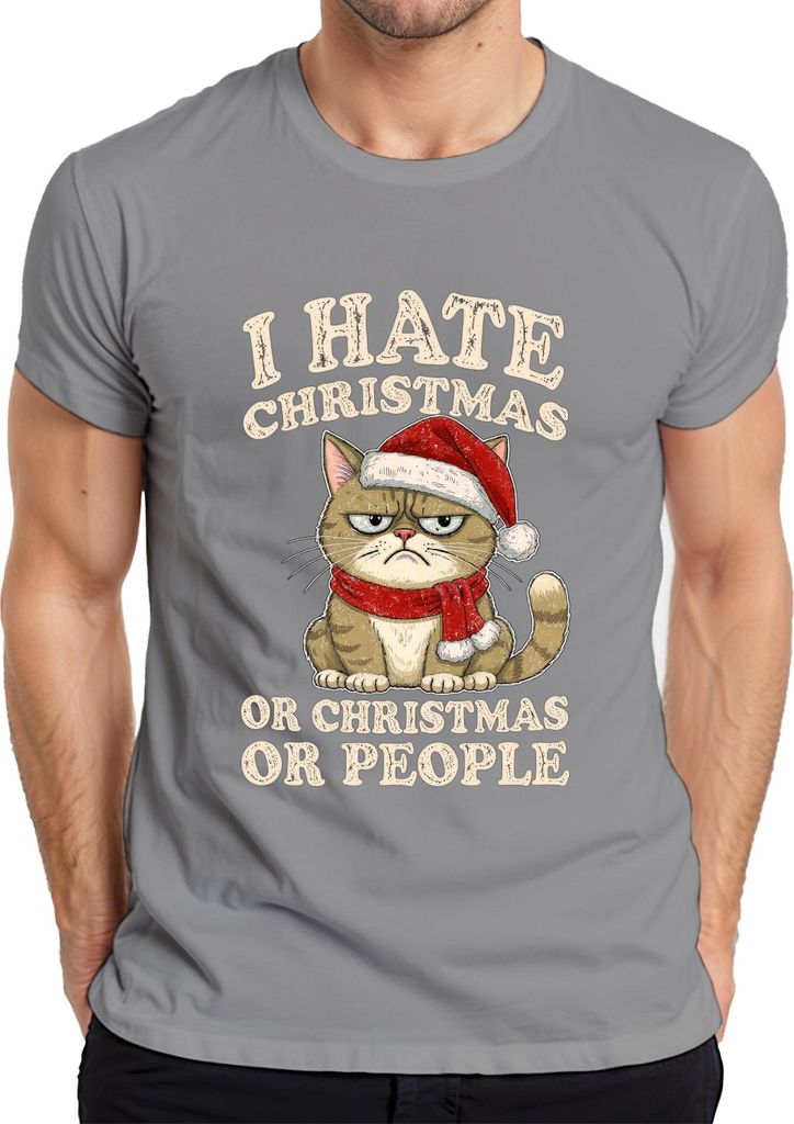 I HATE CHRISTMAS OR CHRISTMAS OR PEOPLE lustige katze sarkastisch Herren T-Shirt, Grau, 3XL