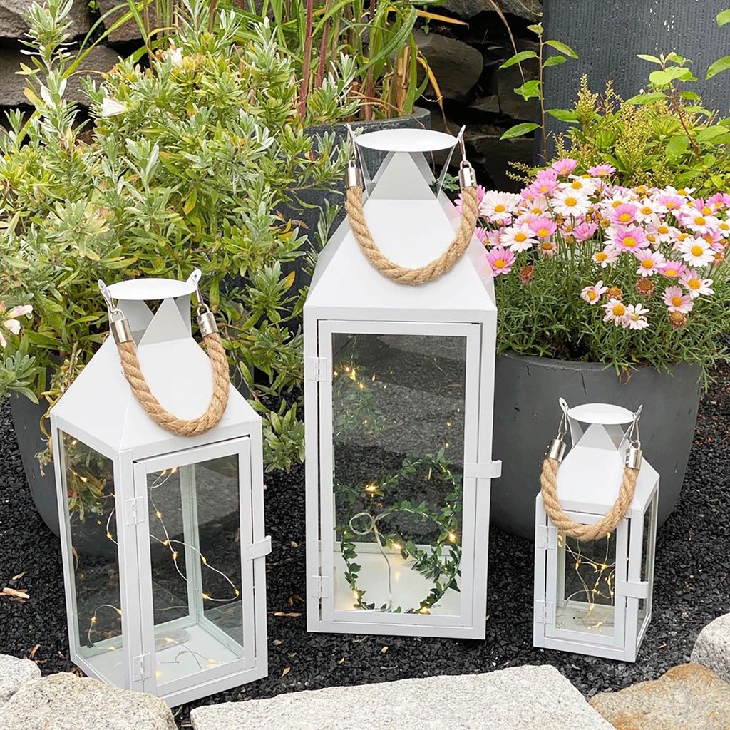 3er Laternen Set Stalllaterne Windlicht Weiß Metall H25/40/51cm
