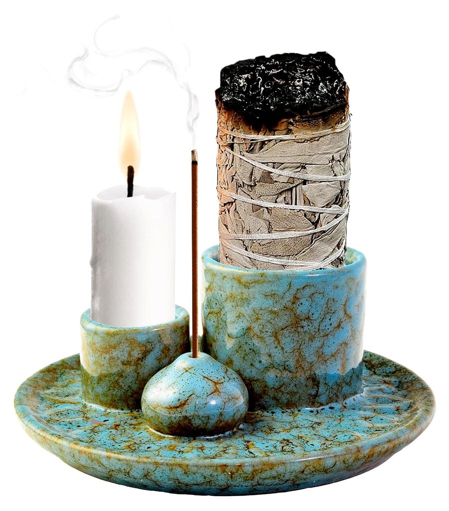 4-in-1 Keramik Räucherschale, Halter für Räucherstäbchen, Palo Santo, weißen Salbei & Kerzen | Ideal für Wohnkultur, Meditation & Yoga