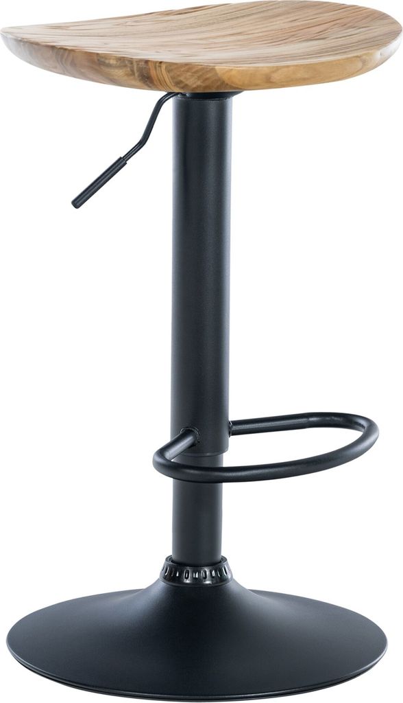 A bar stool with a natural wood seat and a black metal base and stem, photographed against a white background.