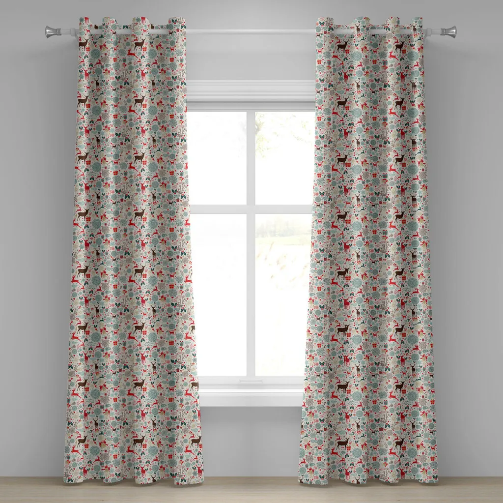ABAKUHAUS Tenda natalizia con occhielli, motivi natalizi vintage, icone, cuori, campanelle, cervi, dettagli floreali, tende decorative a 2 pannelli, 280 cm x 175 cm, blu petrolio e marrone