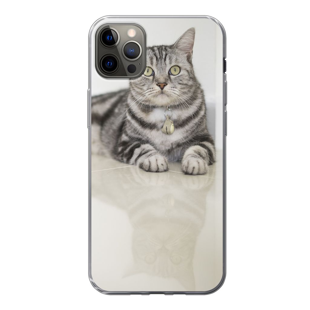 MuchoWow Handyhülle Schutzhülle Hülle für iPhone 13 Pro Max Katze - Grau - Tier - Mädchen - Kinder - Jungen - Kind Silikon Softcase Handy H...
