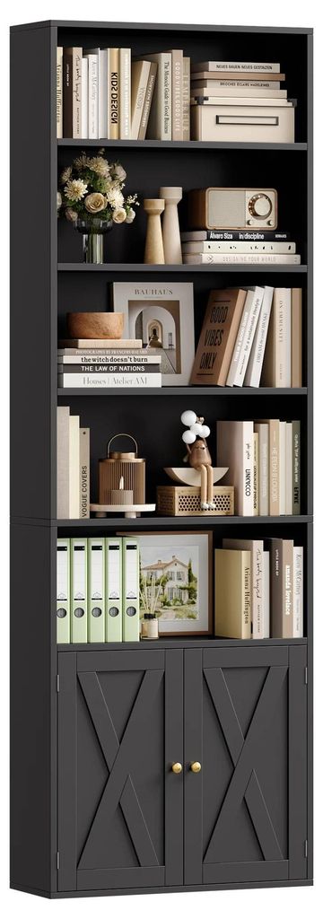 Bücherregal mit Türen - Hohes Standregal 7 Ebenen - 209 cm freistehend - Für Wohnzimmer Büro - Aufbewahrungsschrank 60x23,5x209 cm - Schwarz