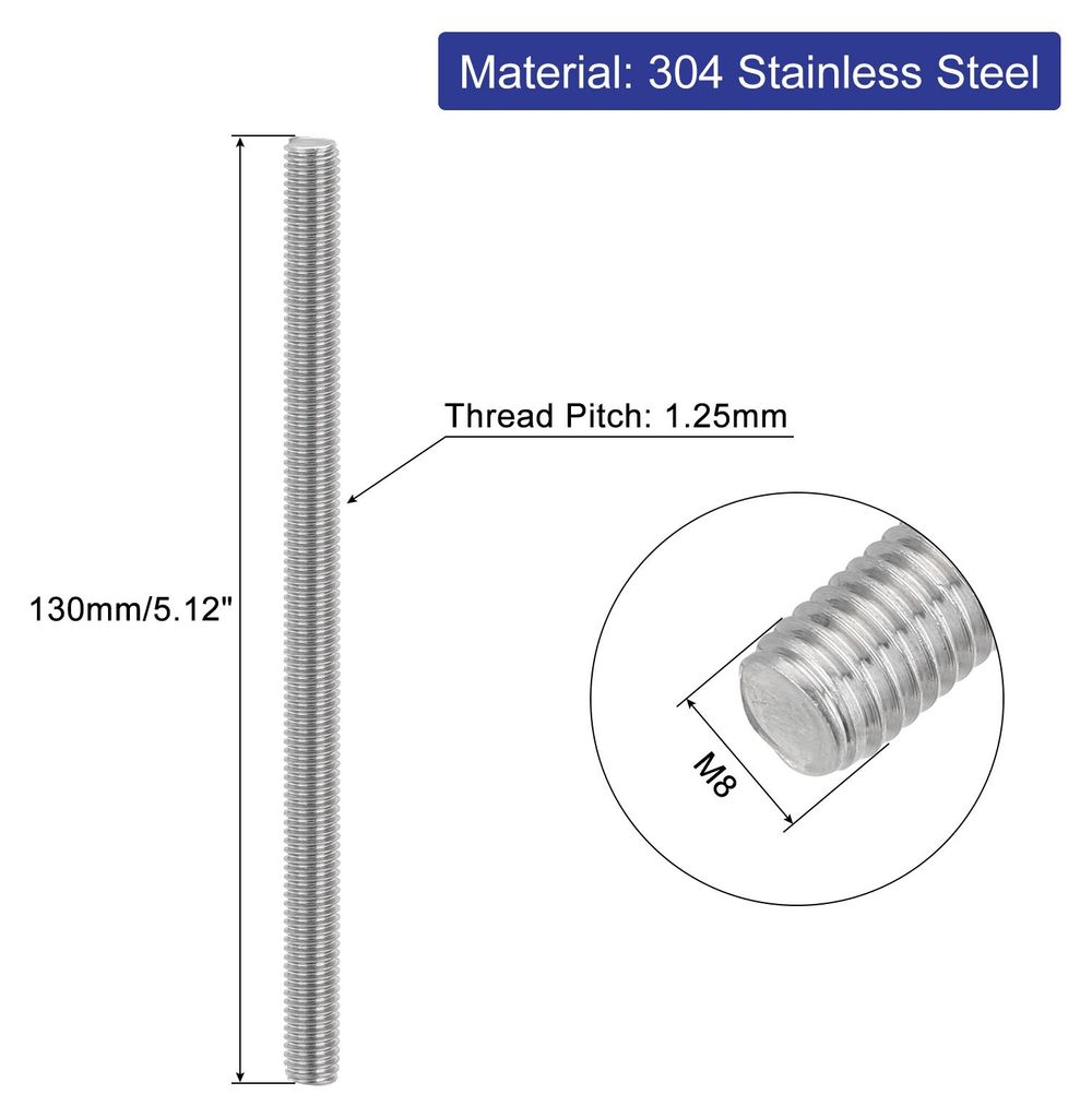 5 Stš¹ck Gewindestangen, M8 x 130mm, 304 Edelstahl, Gewindestab mit metrischem Vollgewinde, M8-1.25 Gewindestift fš¹r M?bel- und Maschinenmontage