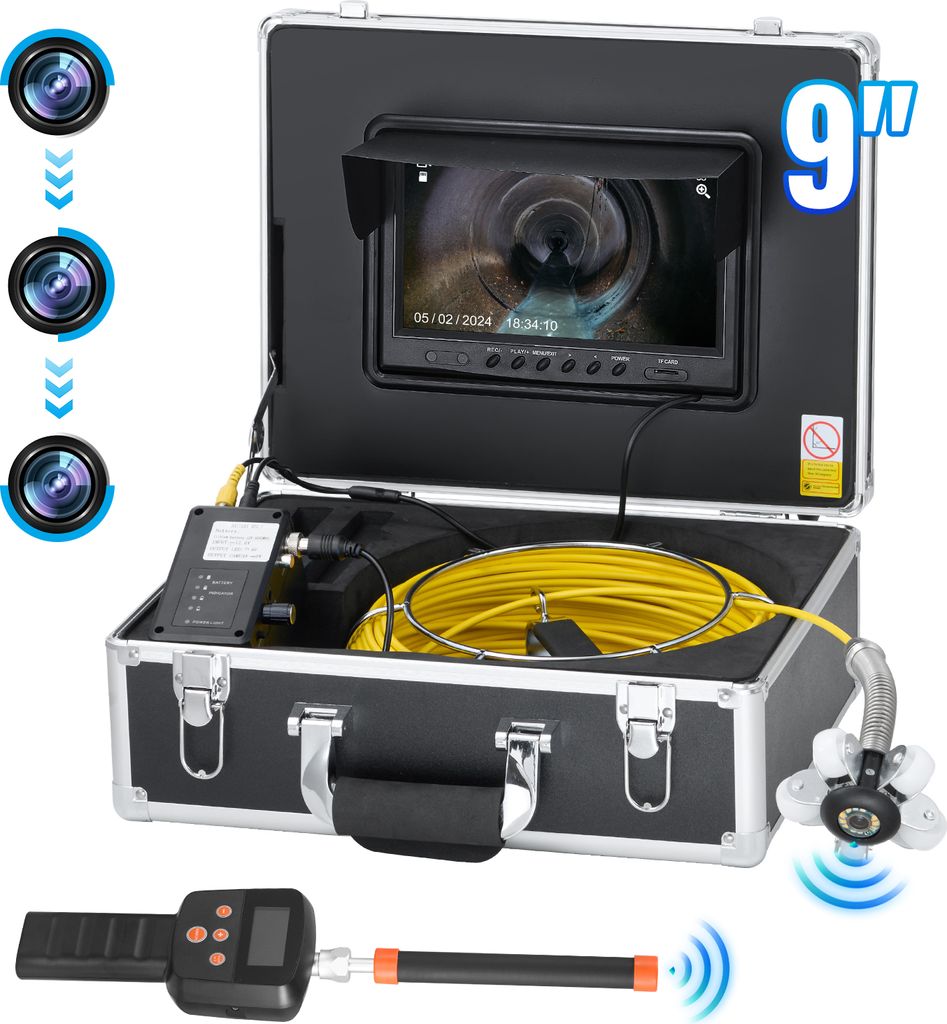 VEVOR Kanalkamera mit 512-Hz-Ortung, 30 m, 9-Zoll-Rohrinspektionskamera mit Selbstnivellierung, 36-facher Zoom, Endoskop mit 12 LEDs, 32-GB-Karte