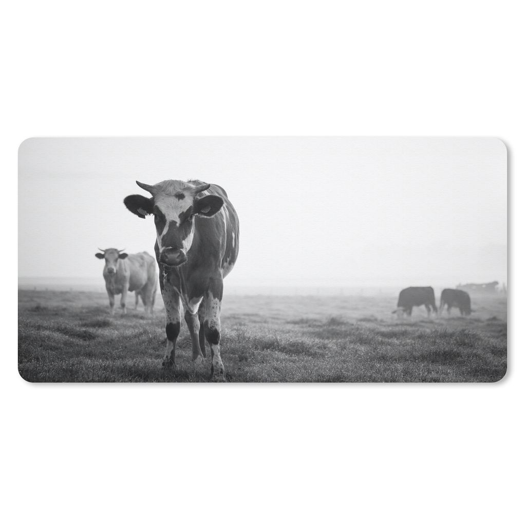 MuchoWow Schreibtischunterlage Kühe im Morgennebel schwarz-weiß Foto 80x40 cm - XXL Mauspad - Gaming Mauspad
