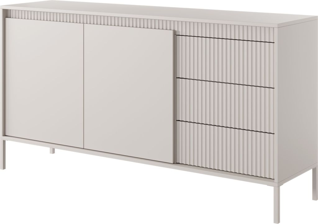 A beige sideboard with a fluted front and three drawers, shown from a three-quarter angle on a white background.