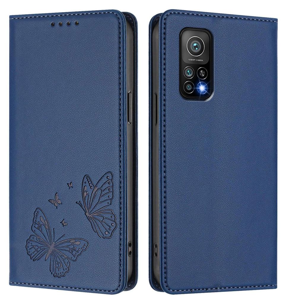 Lederhülle für Xiaomi Mi 10T / Mi 10T Pro, Schmetterling Prägung Leder Brieftasche Schutzhülle mit Ständer Dunkelblau