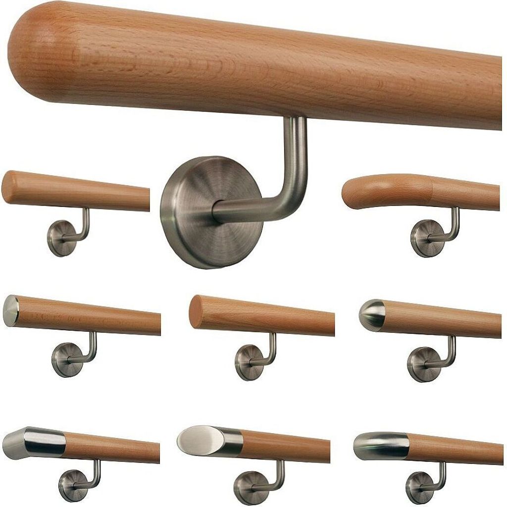 TIBU Buche Holz Handlauf Geländer 0,3m - 5m, Länge 80 cm, Ende Halbkugel gefräst und 2 gewinkelte Halter