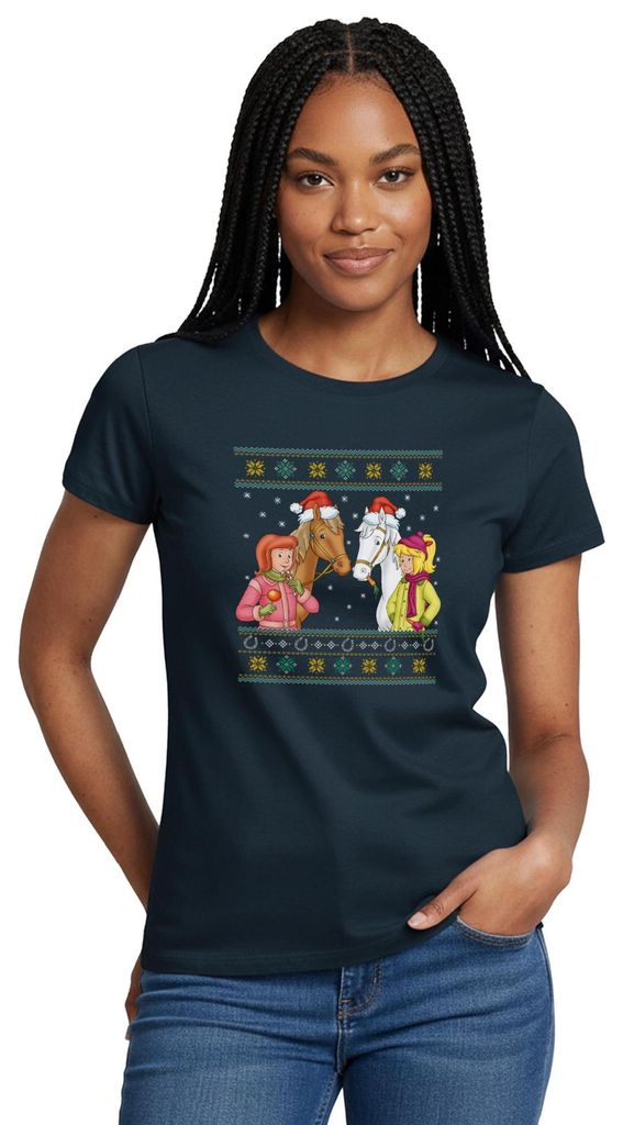 Spreadshirt Bibi und Tina Amadeus Sabrina Weihnachts-Design Frauen T-Shirt, M, Navy