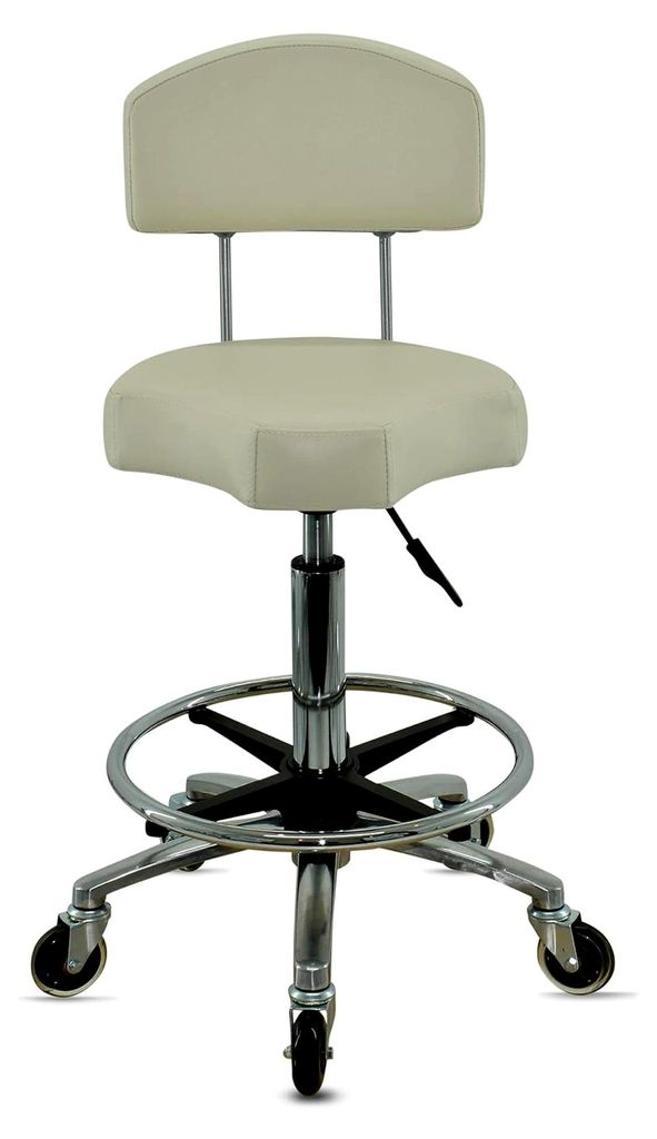 Ergonomischer Rollhocker mit Lehne und Fußring in Weiß - Höhenverstellbar von 55-75 cm - Drehhocker