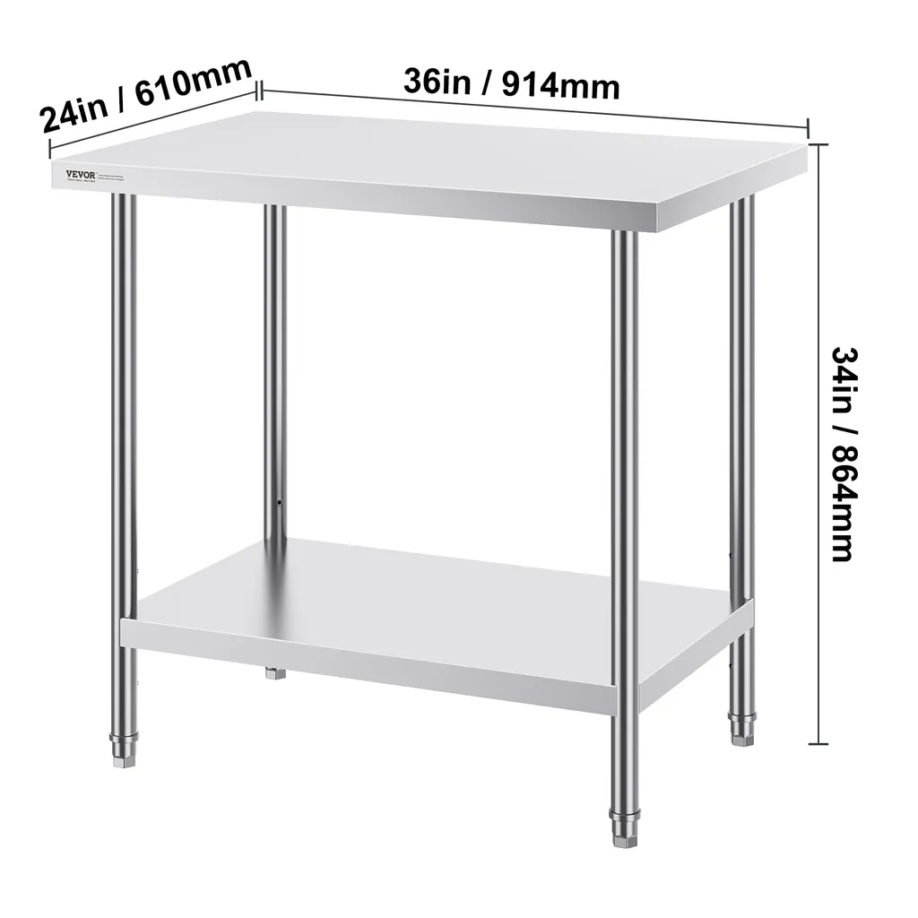 Tavolo di preparazione VEVOR in acciaio inox, 61 x 91 x 86 cm, portata 340 kg, robusto tavolo da lavoro in metallo con 3 altezze regolabili, postazione di lavoro commerciale per cucina, garage, ristorante, cortile, ecc - 8