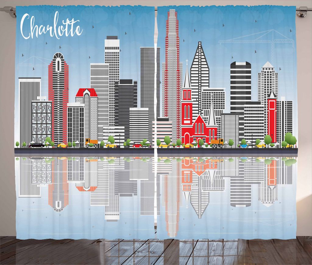 ABAKUHAUS North Carolina Rustikaler Vorhang, Charlotte Skyline, Wohnzimmer Universalband Gardinen mit Schlaufen und Haken, 280 x 225 cm, Hellgrau K...