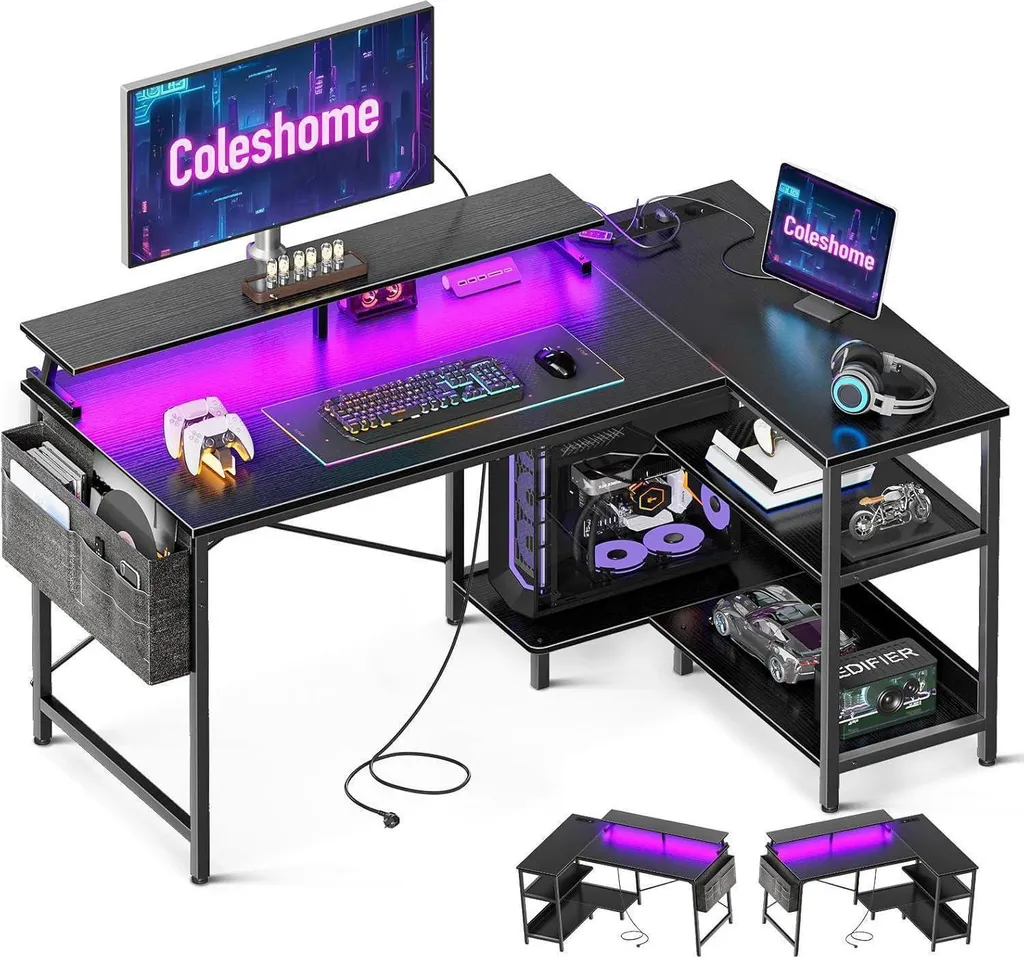 Poste de Travail Gaming d'Angle Noir LED avec Prises et Support PC