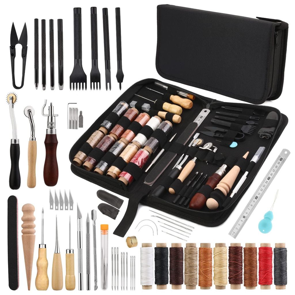 52-teiliges Ledernähset, inklusive Nähwerkzeug mit 10 Farben gewachstem Garn, Ahlen, einer Nadel, Schiebern und einem Lederlocher.