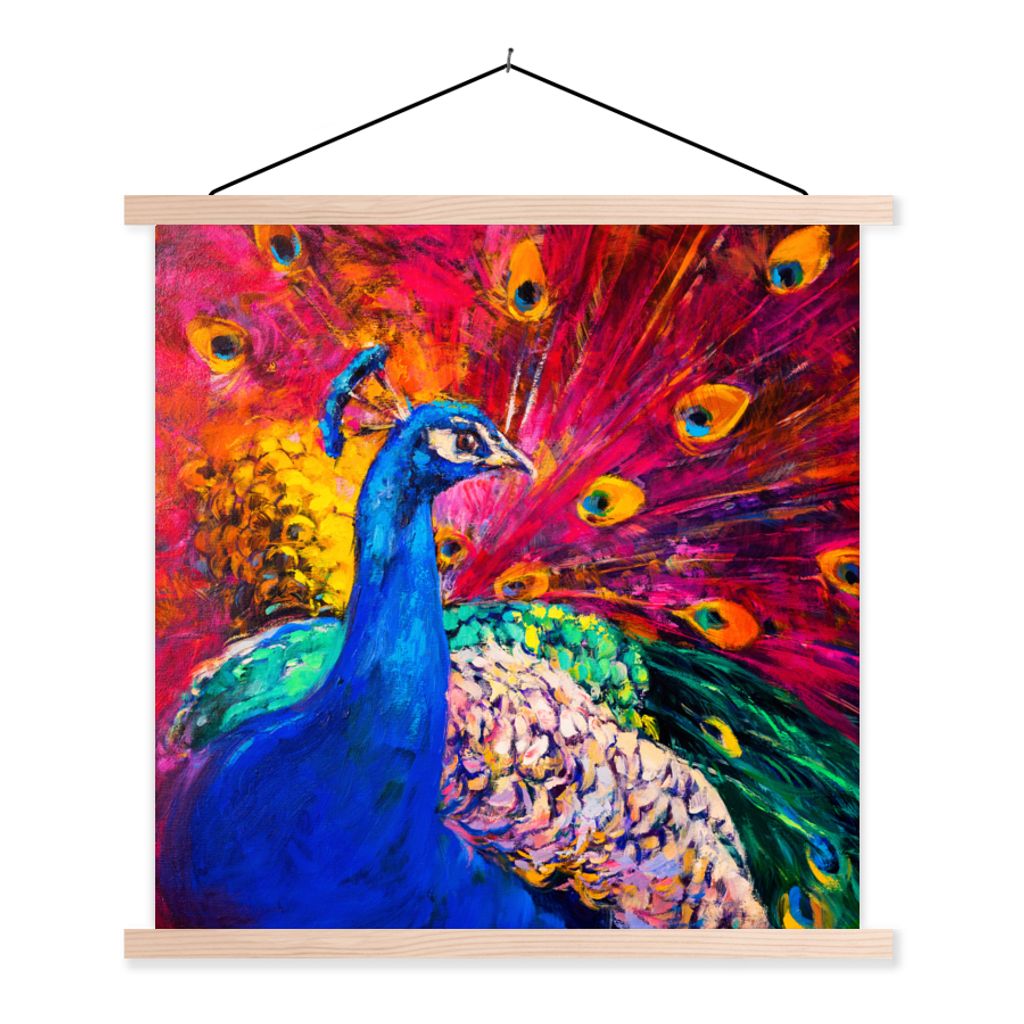 MuchoWow Textilposter Gemälde - Vogel - Pfau - Ölgemälde 120x120 cm mit holzfarbenen Rahmen - Textil-Poster