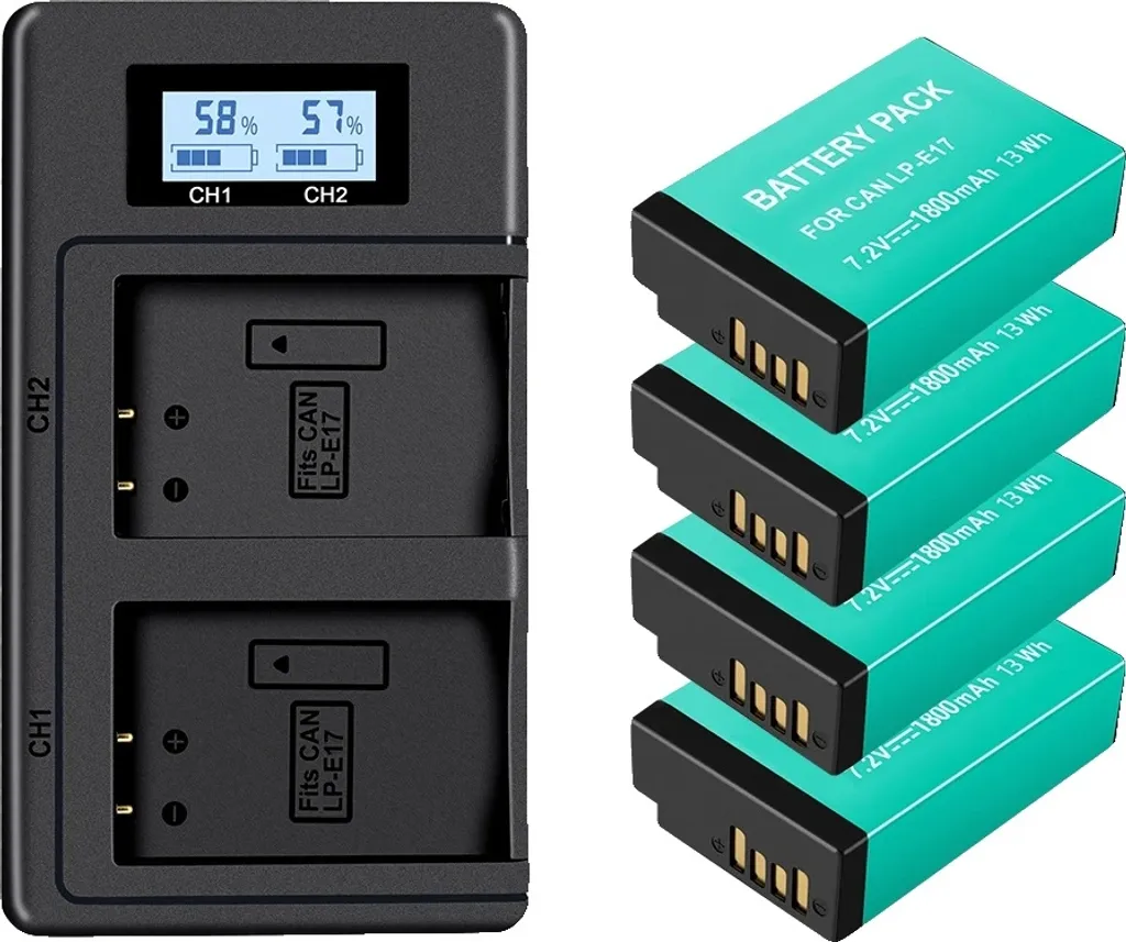 Kit 4 Batterie 1800mAh e Caricabatterie LCD per Fotocamera Professionale