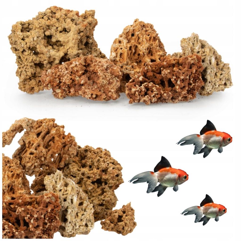 Aquarium Steine Wapień Koralowy Mix 5 kg, Kalkstein-Lavagestein in Rot-Gelb, Naturdeko für Aquarien, Höhlen und Aquascaping