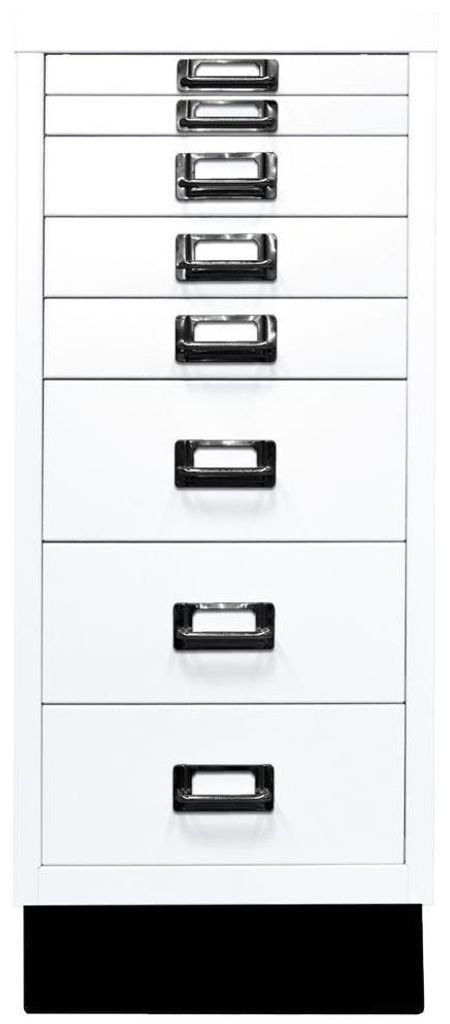 Büro-Schubladenschrank, BxTxH 279x380x670 mm, 8 Schubladen 2x25, 3x51, 3x102 mm, DIN A4, Sockel 80 mm hoch, verkehrweiß