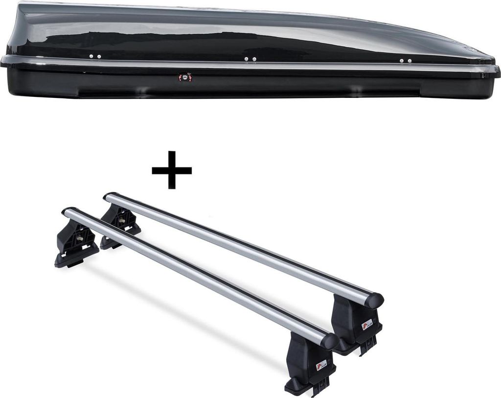 Dachbox VDPFL460 schwarz glänzend 460 Ltr + Aluminium Dachträger Menabo Tema kompatibel mit für VW Passat B8 (Limousine 4 Türer) ab 2014
