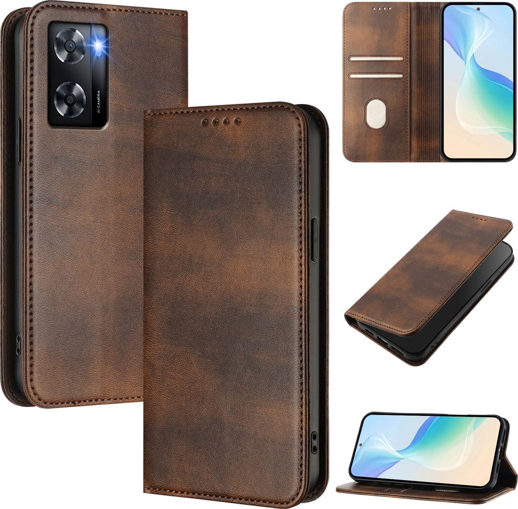 Handyhülle für Oppo A57 4G/A77 4G/A57S/A57e/A77S, Vintage Leder RFID Schutz Kartenfach Standfunktion Magnetische Klapphülle Braun