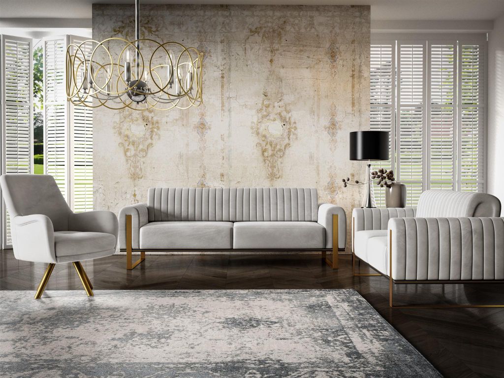 Sofaset Designersofas VALERIE 3-2-1 in Stoff Stoff Elisa Velvet Hellgrau
