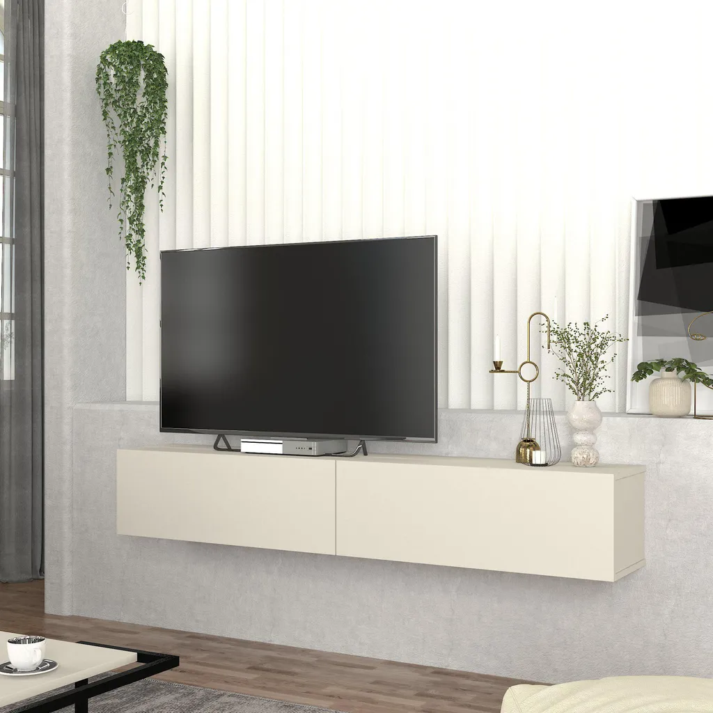 Meuble TV mural design Nolven 180cm, banc TV suspendu coloris sable