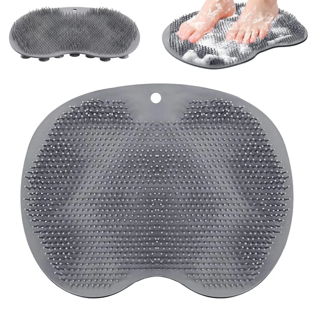 Brosse de dos murale et tapis de lavage pieds silicone gris pour douche sécurisée