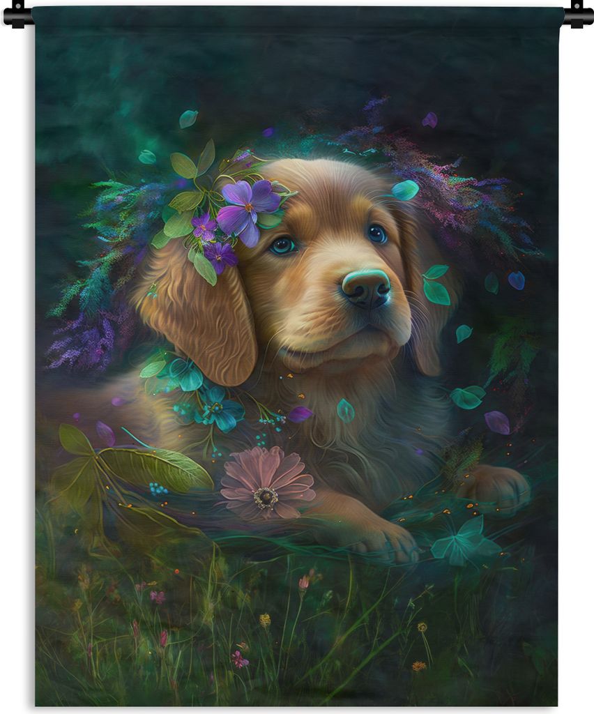 MuchoWow Wandteppich Wandbehang Hund - Welpe - Blumen - Natur - Golden Retriever 60x80 cm Tapisserie Dekoration Wandtuch - Decke - Wandtücher - ...