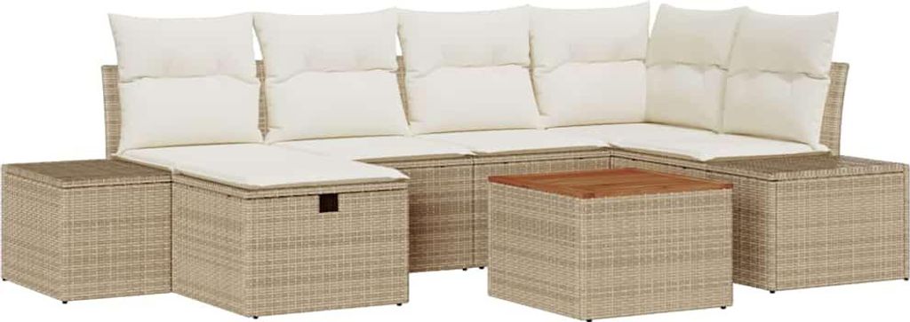 vidaXL Gartensofa-set mit Kissen mit Speicher 7 pcs Beige Poly Rattan