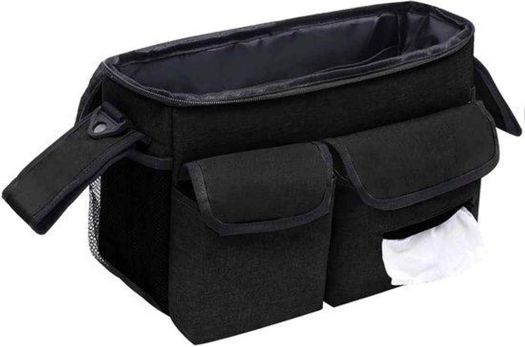 Kinderwagen-Luiertas mit isolierter Trinkflaschehalter, Reißverschlussfach, Schultergurt und Aufbewahrungsraum.