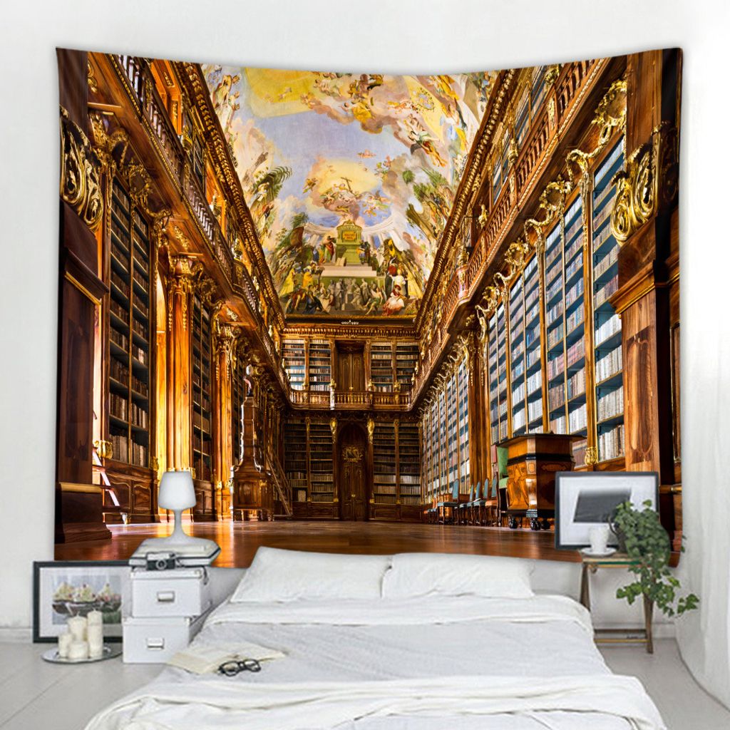 150x130cm Tapisserie-Wandbehang, Wandbehänge, Wandteppich, Retro-Bücherregalmuster, Bibliotheksmuster, Böhmisches Mandala, Hippie-Landschaft, Wa...