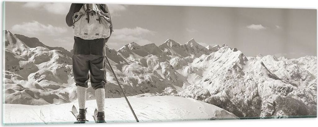 Bilder auf glas - Einteilig - Skifahrer Bayern Sepia - 90x30cm - Glasbilder - Wandbilder - Bilder - zum Aufhängen bereit - Wanddekoration aus Glas...