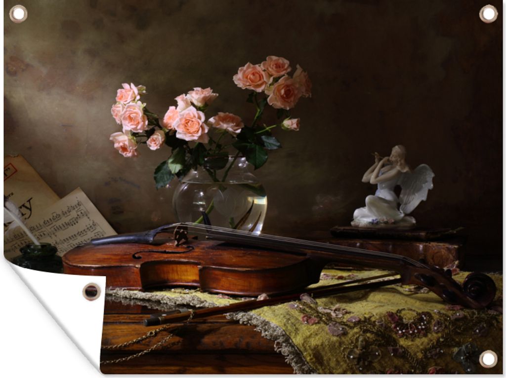 MuchoWow 120x90 cm Outdoor-Poster Gartendeko Sichtschutz Garten Poster für den Garten Violine - Rosen - Rosa - Blumen - Stilleben