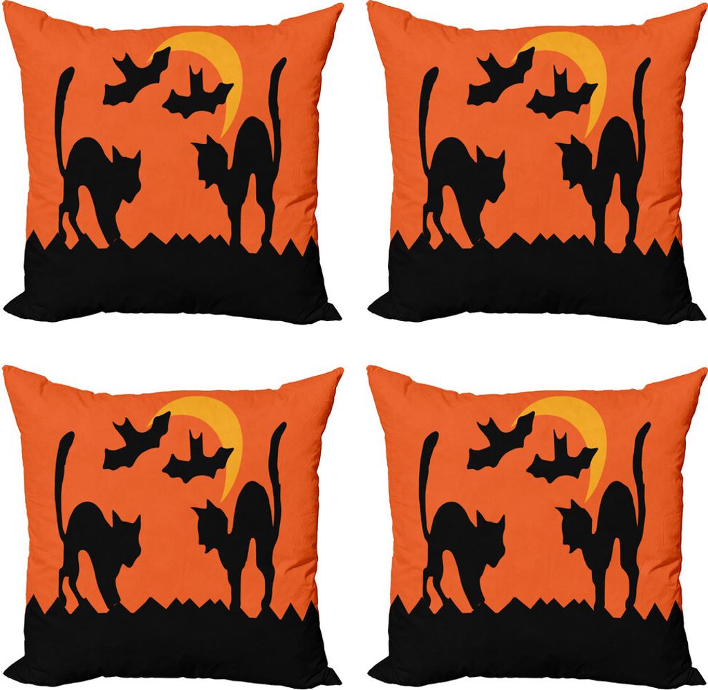 ABAKUHAUS Halloween Kissenbezug Set (4 Stück), Crescent Katzen und Fledermäuse, Moderner Doppelseitiger Digitaldruck, 45 cm x 45 cm, Erde Gelb Or...
