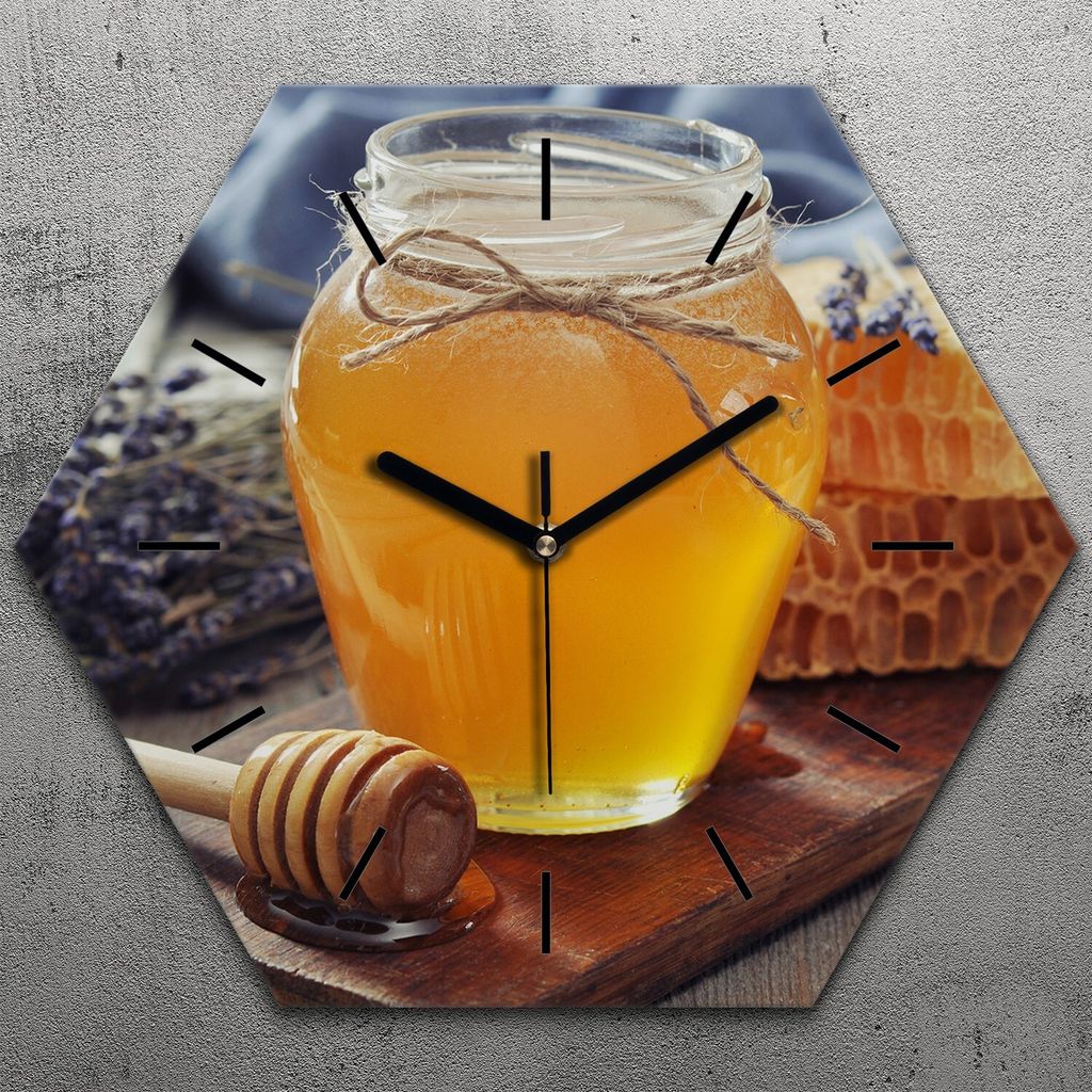 Uhr hexagonal 40 cm Glas Geräuschlos schwarze Zeiger - Gläschen Honig