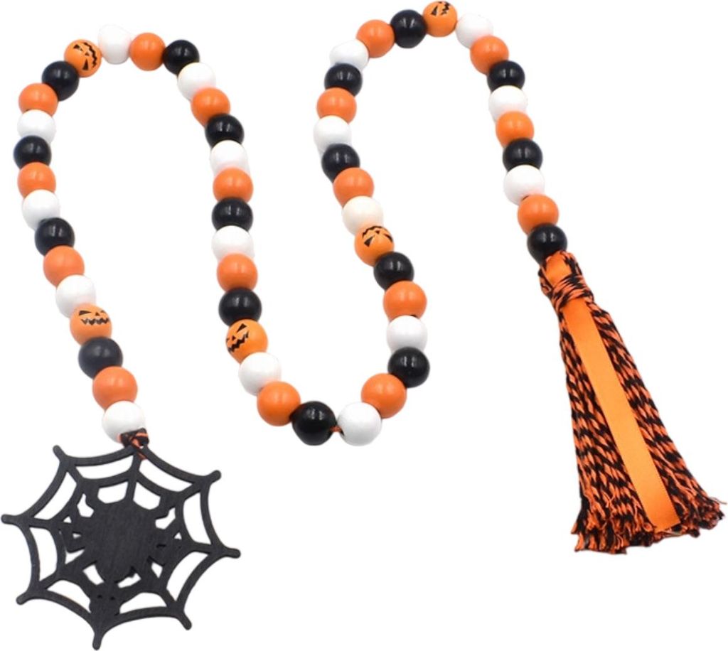 Halloween Holzperlengirlande, 39,8" Spinnennetzgirlande mit Quaste, Rustikales Bauernhaus Natur Herbst String Hängende Wanddekoration