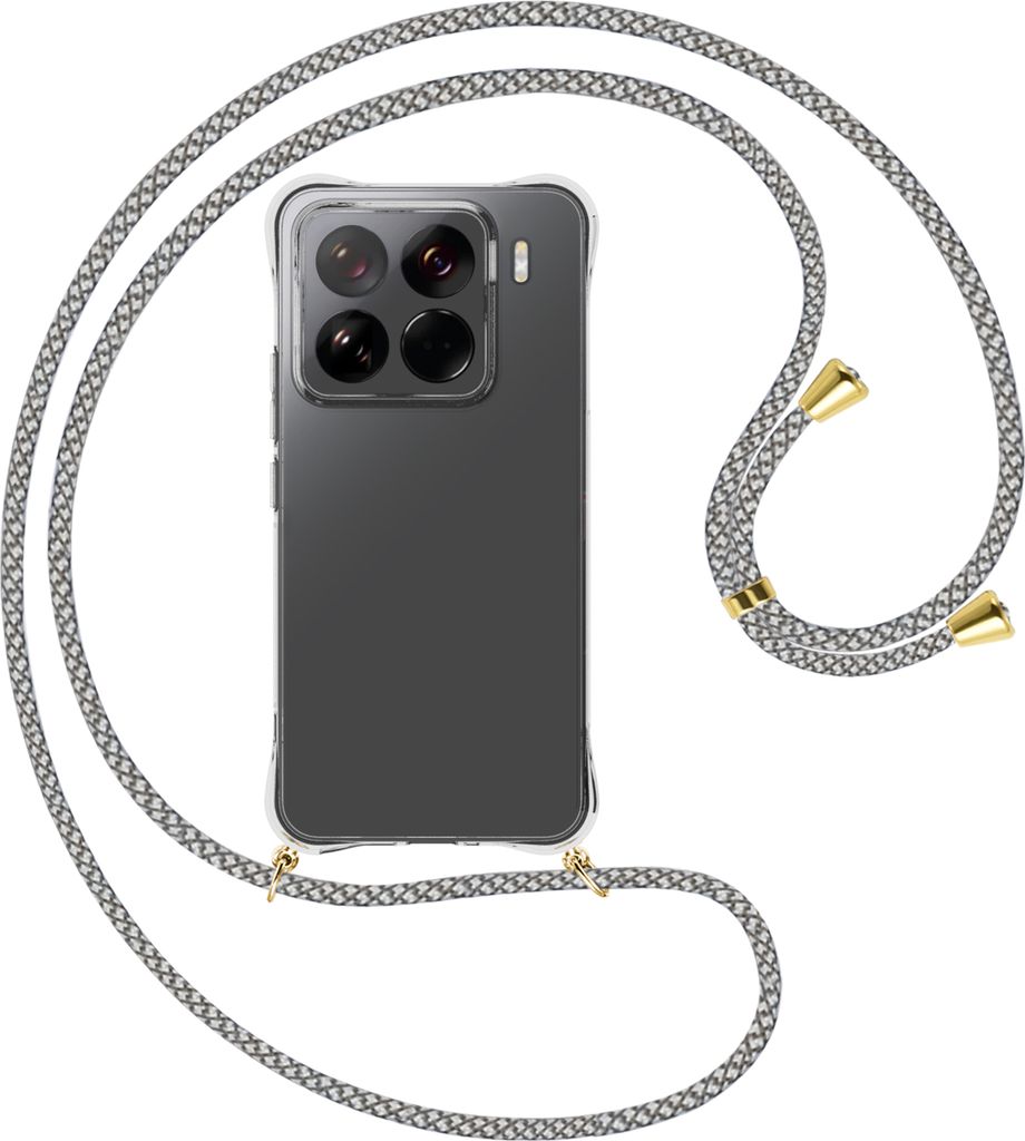 Handykette Backcover-Schutzhülle mit Band (Metall goldfarben) für Xiaomi 15 Pro 5G - weiß/grau kariert