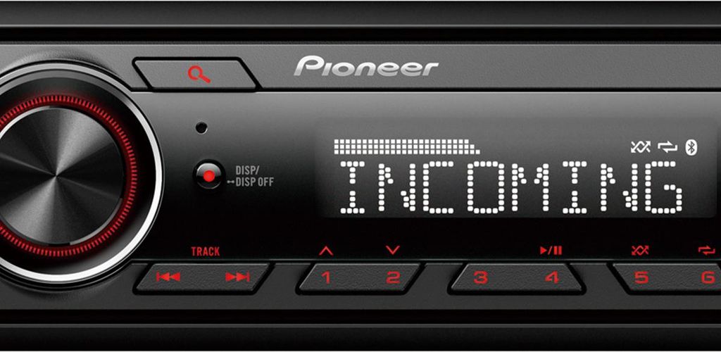 A close-up view of a Pioneer car stereo system's control panel, displaying an incoming call notification.
